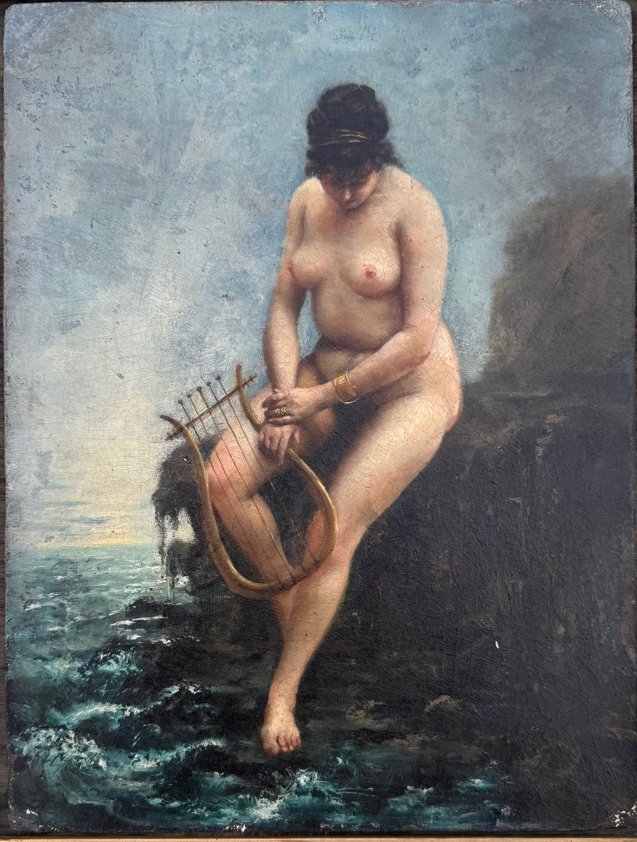Peinture à l'huile sur carton représentant une figure féminine nue avec une lyre. -photo-3