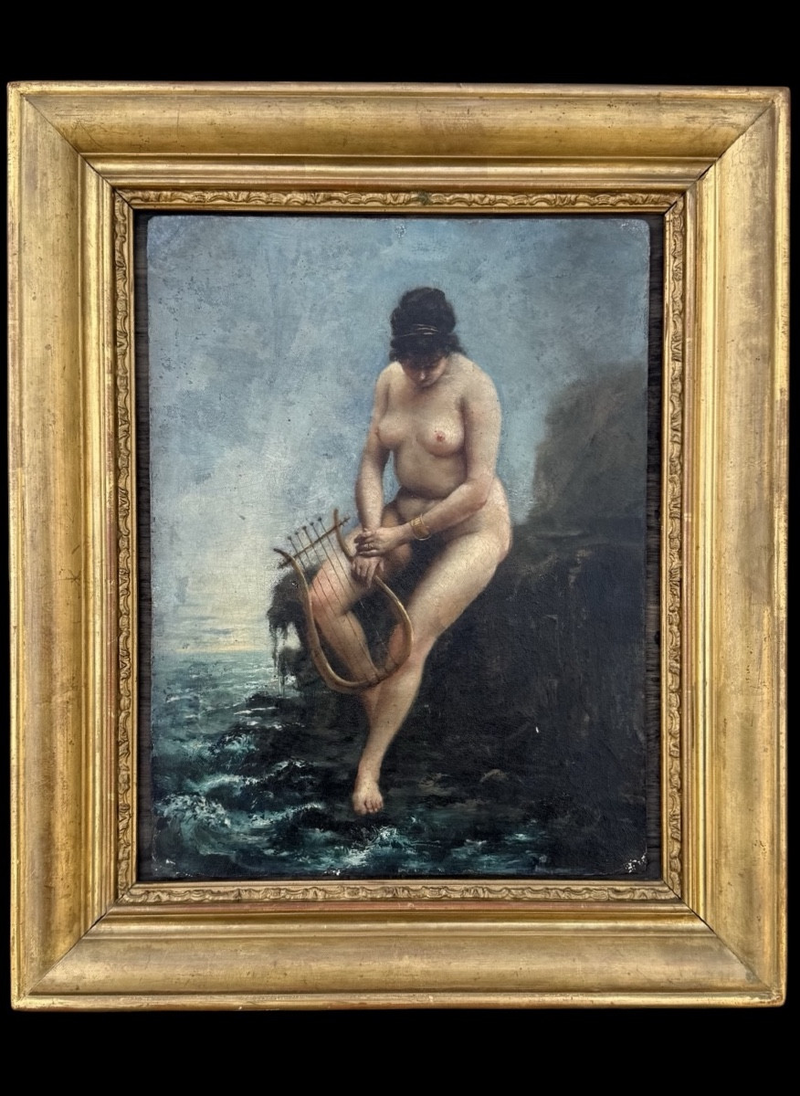 Peinture à l'huile sur carton représentant une figure féminine nue avec une lyre. 
