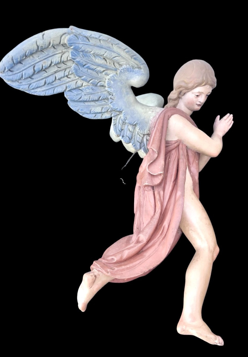 Pair Of Full-length Polychrome Angels In Carved And Painted Wood. -photo-2