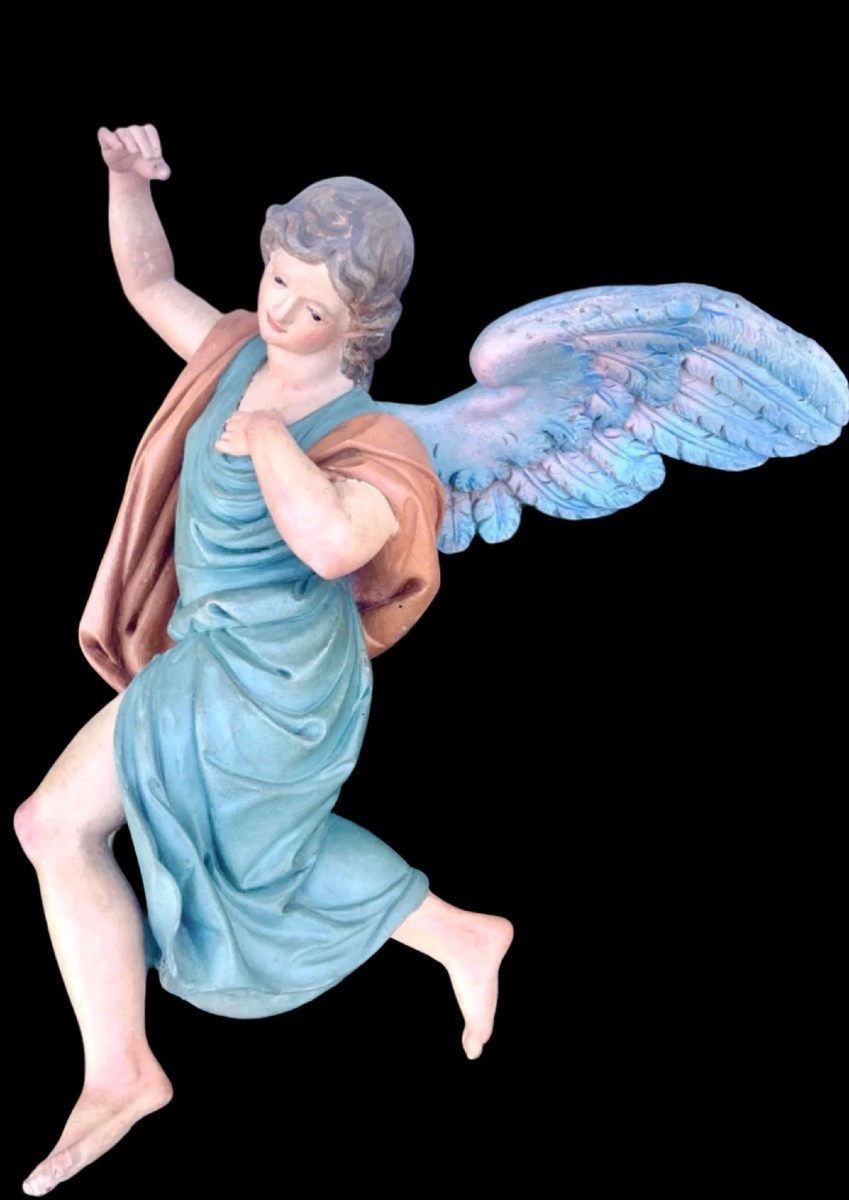 Pair Of Full-length Polychrome Angels In Carved And Painted Wood. -photo-3