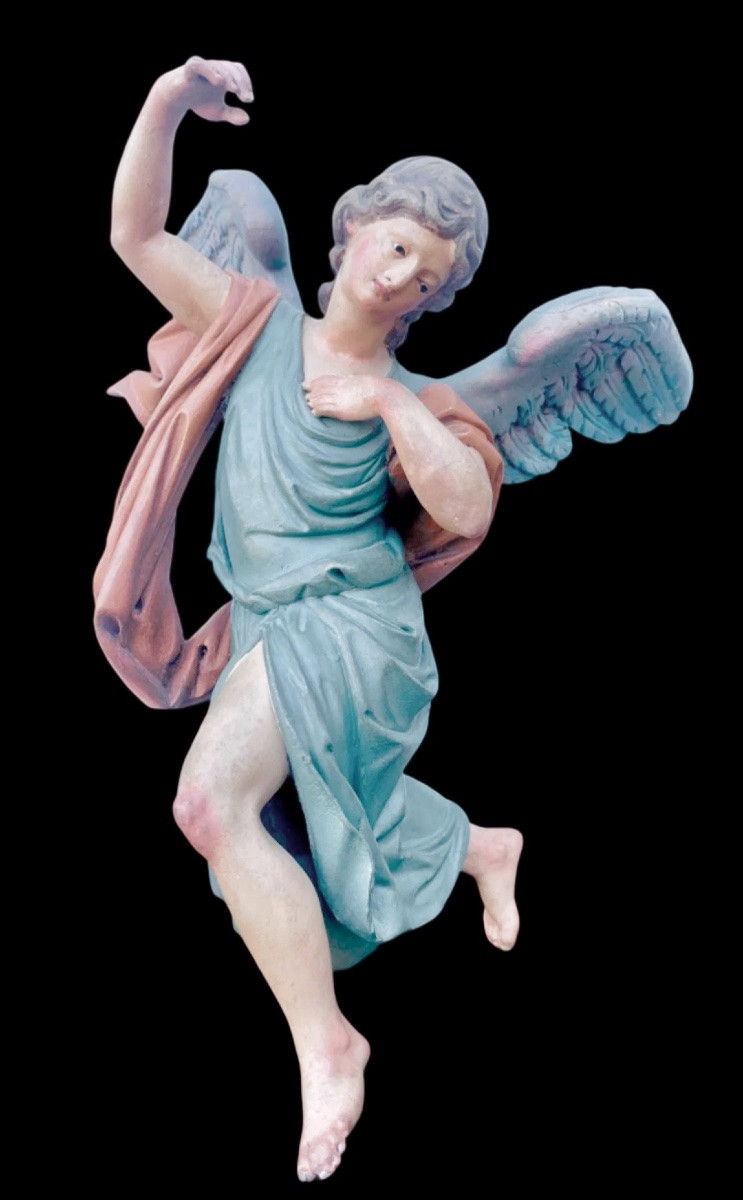 Pair Of Full-length Polychrome Angels In Carved And Painted Wood. -photo-1