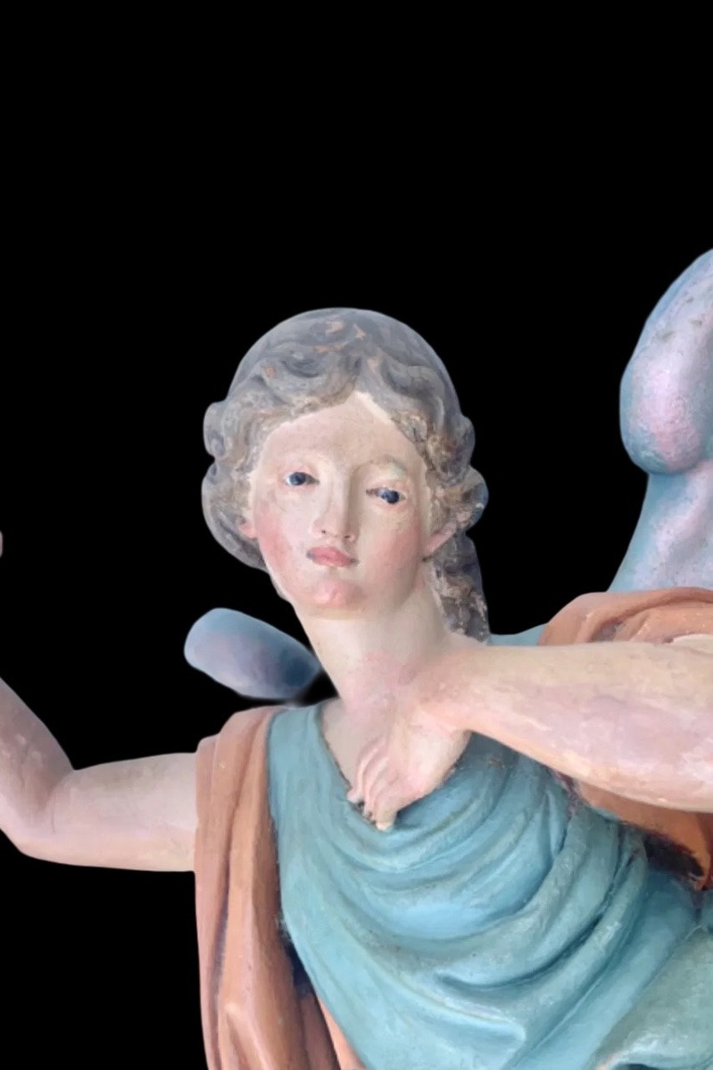 Pair Of Full-length Polychrome Angels In Carved And Painted Wood. -photo-3