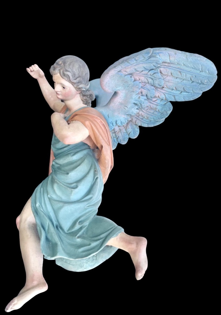Pair Of Full-length Polychrome Angels In Carved And Painted Wood. -photo-4