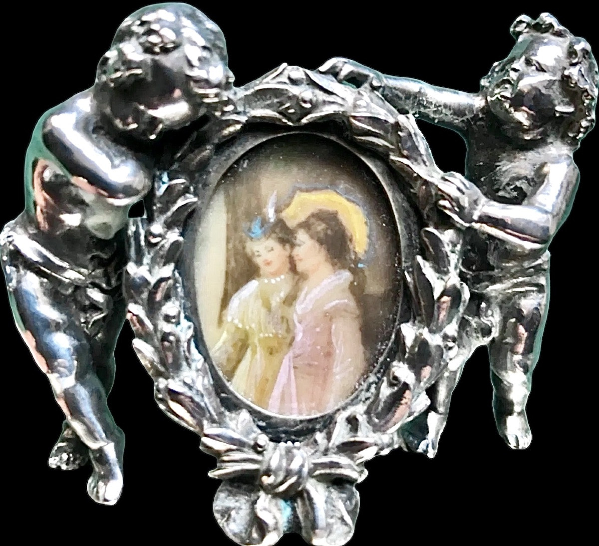Solid Silver Paperweight With Two Cherubs Holding A Portrait Holder -photo-3