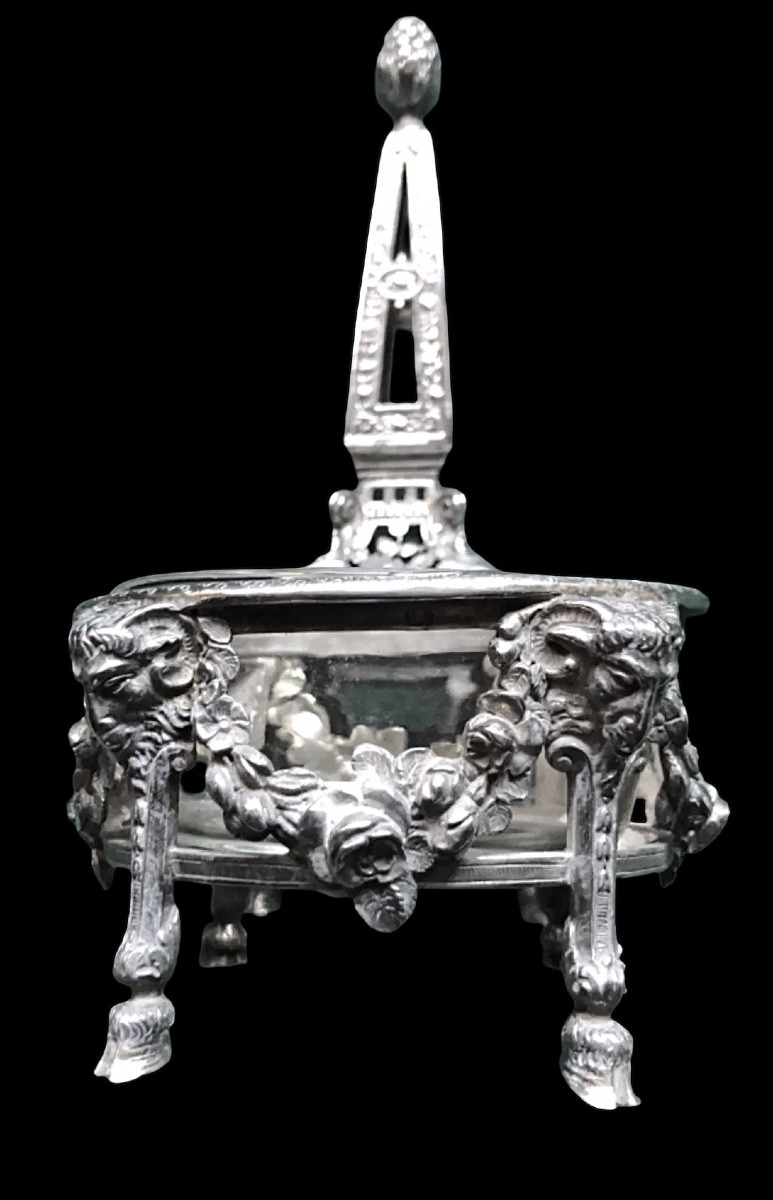 Solid Silver Double Salt Cellar With Glass Trays. Decorated With Satyr-head Masks,-photo-3