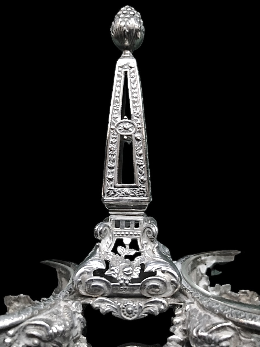 Solid Silver Double Salt Cellar With Glass Trays. Decorated With Satyr-head Masks,-photo-2