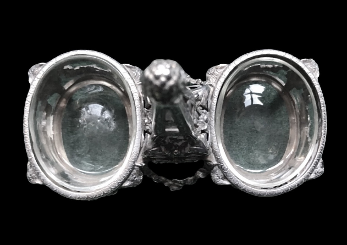 Solid Silver Double Salt Cellar With Glass Trays. Decorated With Satyr-head Masks,-photo-4