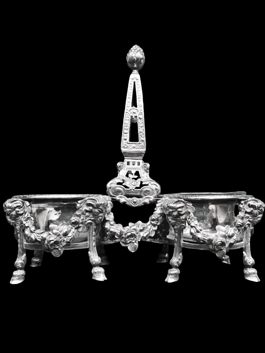 Solid Silver Double Salt Cellar With Glass Trays. Decorated With Satyr-head Masks,