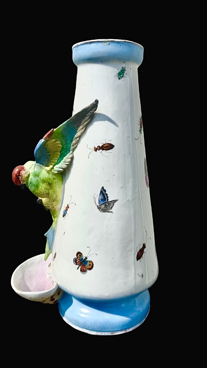 Porcelain Vase With An Applied Parrot And A Small Dish. Decorated With Insects And Butterflies.-photo-2