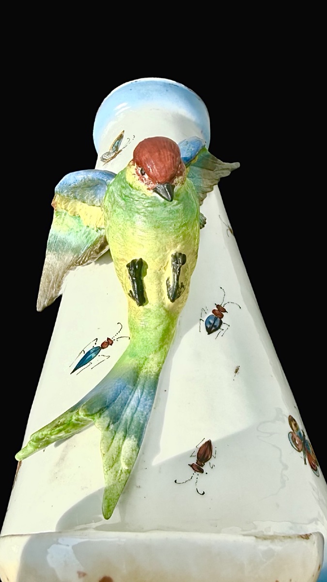 Porcelain Vase With An Applied Parrot And A Small Dish. Decorated With Insects And Butterflies.-photo-2