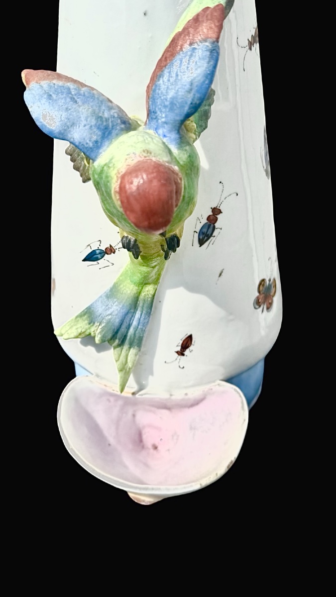 Porcelain Vase With An Applied Parrot And A Small Dish. Decorated With Insects And Butterflies.-photo-3