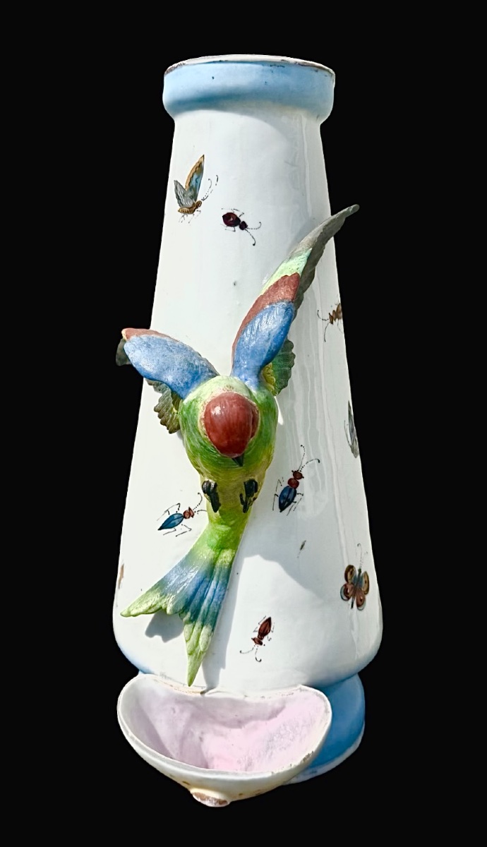 Porcelain Vase With An Applied Parrot And A Small Dish. Decorated With Insects And Butterflies.
