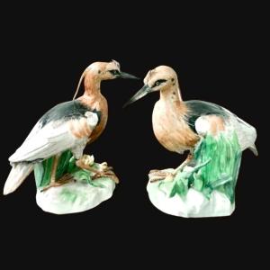 Pair Of Heron Birds In Polychrome Porcelain. Samson Manufacture, France.