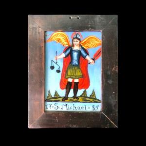 Painting On Glass With Frame Depicting St. Michael. Dated 1785. France