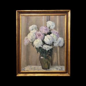 Oil Painting On Canvas Depicting A Vase With Flowers.signature: M.perey.