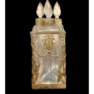 Perfume Holder In Brass And Crystal With Four Triangular Section Bottles. 