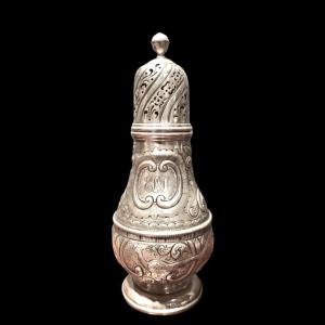Silver Sugar Shaker With Animal Motifs, Rocaille And Medallion With Engraved Initials. 