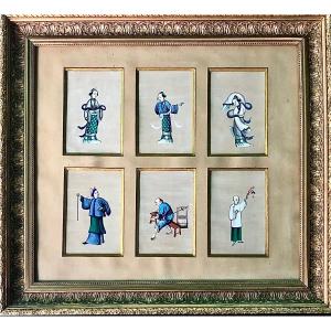 Composition Of 6 Paintings On Silk Within A Gilded Wooden Frame Depicting Characters. China. 67