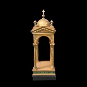 Petit Temple-tabernacle In Wood Gold And Marbré 