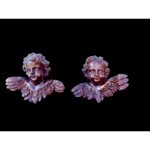 Pair Of Cherubs In Carved And Marbled Painted Wood. Liguria. 