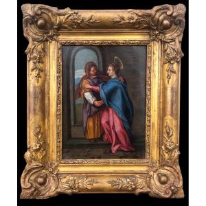 Oil On Copper Painting Depicting The Virgin Mary Visiting Saint Elizabeth 
