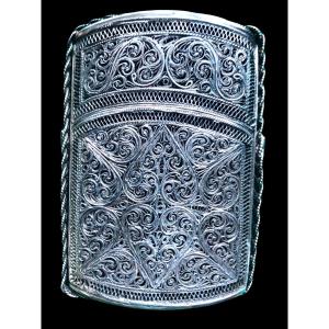 Filigree Silver Card Holder With Plant Motifs And Stylized Scrolls. 