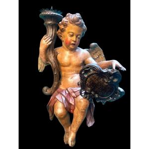 Polychrome Wooden Sculpture Depicting An Angel With Torch, Candle Holder And Rocaille Shield 