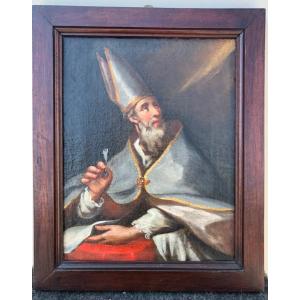 Oil Painting On Canvas Depicting A Bishop With Miter And Pen. 