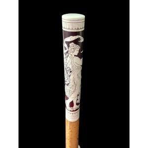 Stick With Long Ivory Knob Engraved And Painted With A Neoclassical Scene 