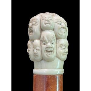 Stick With Ivory Knob Carved In The Round With Masks From The Commedia Dell'arte. 