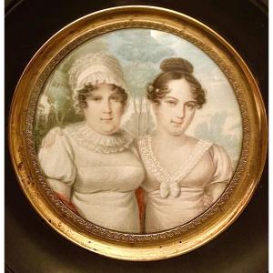 Oil On Ivory Miniature Depicting A Pair Of Female Figures. 