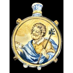 Flasque de pèlerin en majolique représentant saint Antoine de Padoue et la Madone. Castelli 
