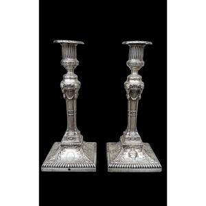 Pair Of Silver Candlesticks With Geometric Motifs, Goats' Heads, Vases, Festoons,