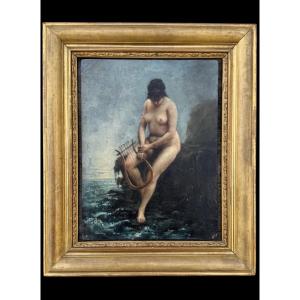 Peinture à l'huile sur carton représentant une figure féminine nue avec une lyre. 