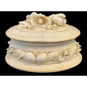 Oval Ivory Box Carved In Bas-relief With Plant And Floral Motifs.