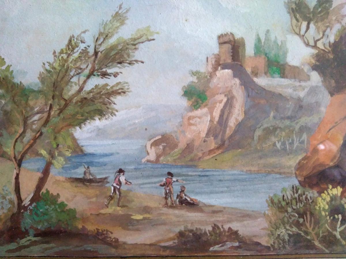 Paire Gouaches. Ecole Française XIX. Paysages Lacustres.  