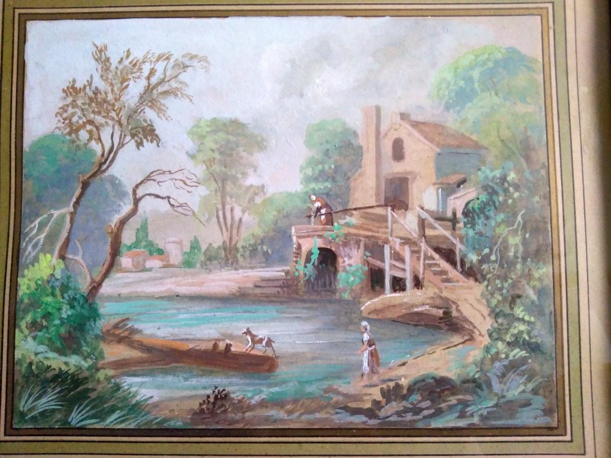 Paire Gouaches. Ecole Française XIX. Paysages Lacustres.  -photo-2