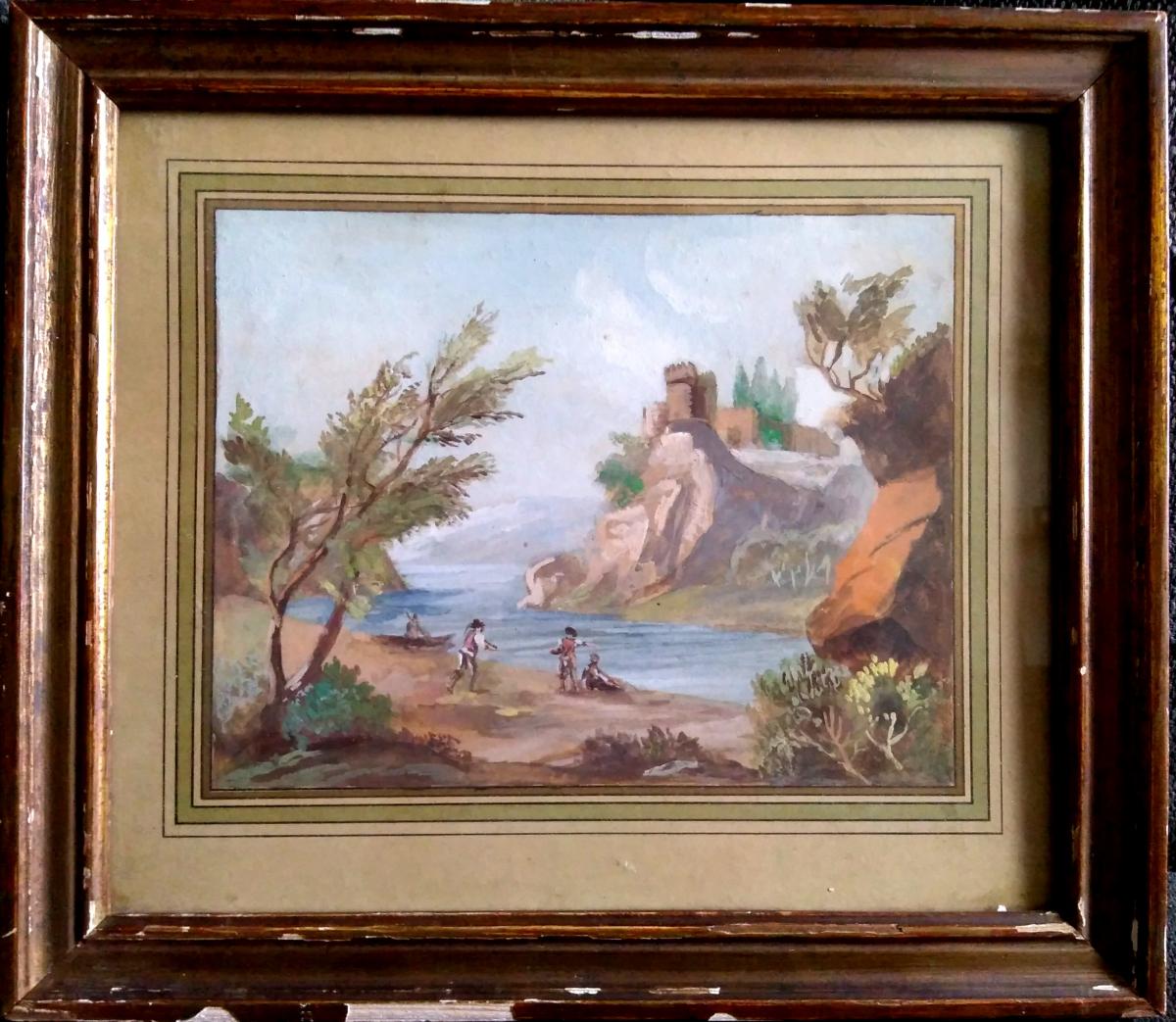 Paire Gouaches. Ecole Française XIX. Paysages Lacustres.  -photo-3