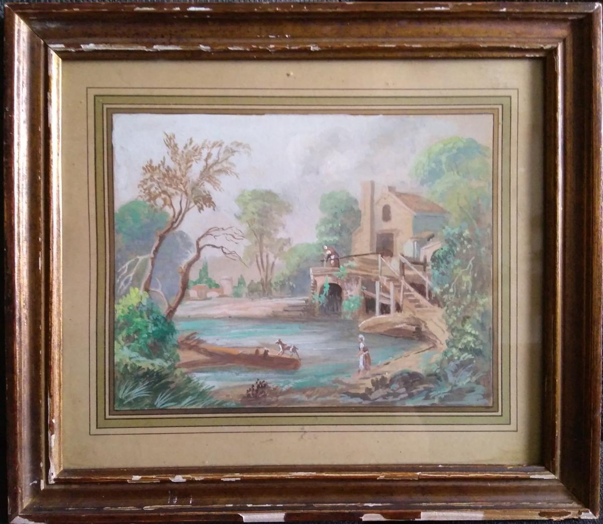 Paire Gouaches. Ecole Française XIX. Paysages Lacustres.  -photo-4