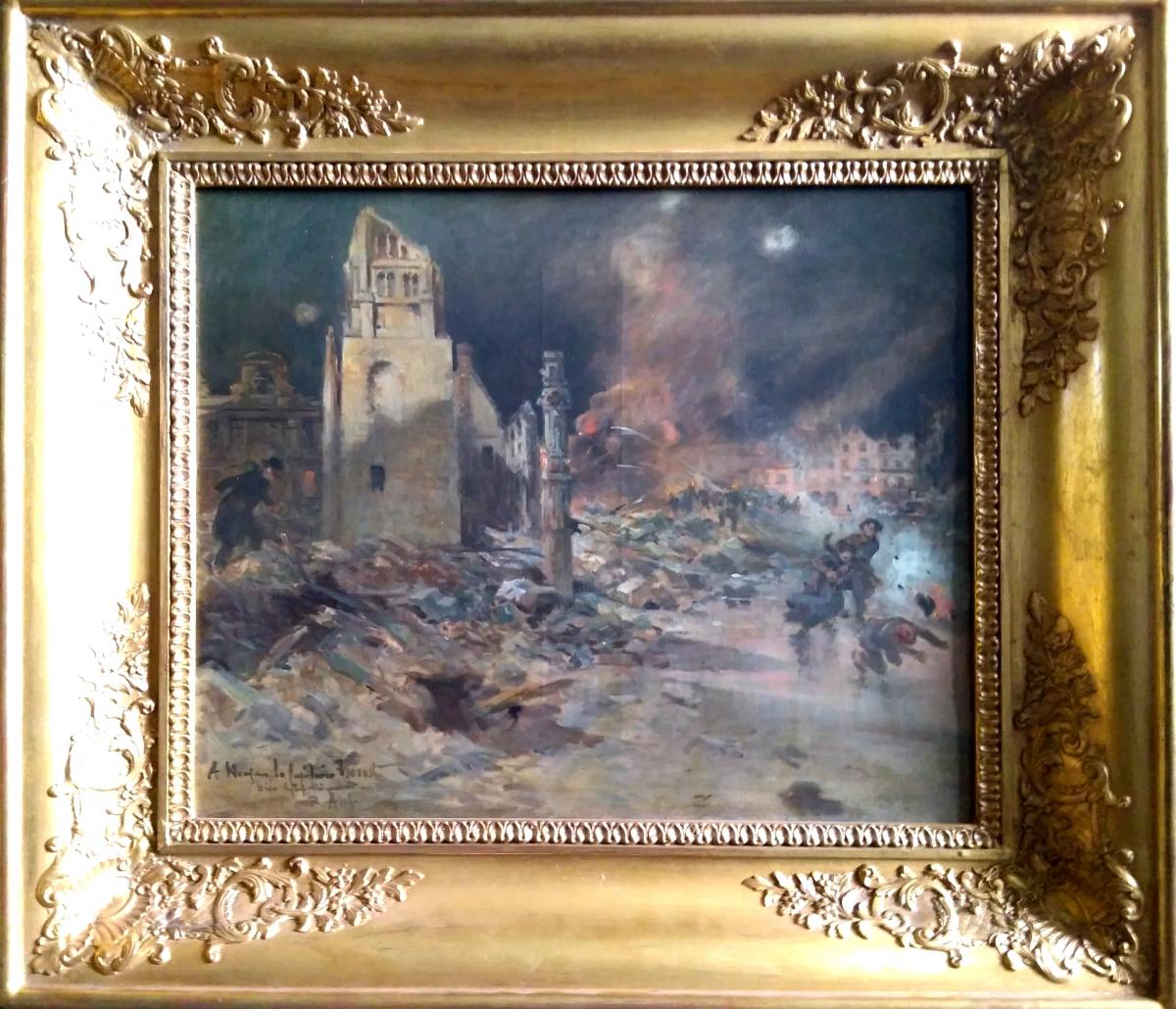 Huile Sur Toile. Ecole Française Du XIX Siécle. Raoul Arus (1848-1921) Incendie d'église -photo-2