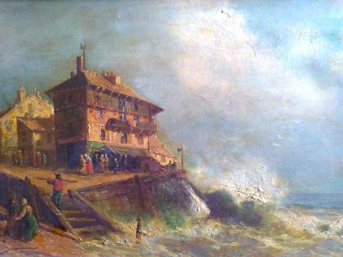 HUILE SUR PANNEAU. KAUSER (actif XIX.xx Siécle) "Maisons En Bord De Mer"