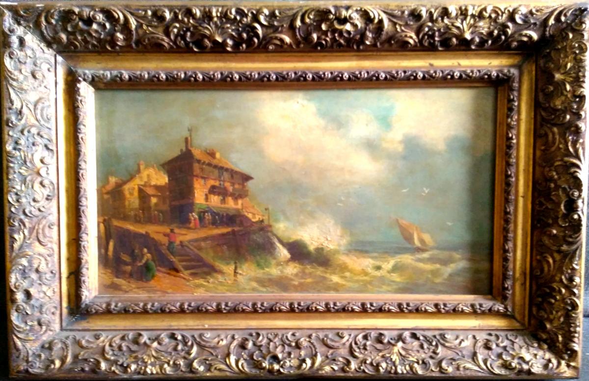 HUILE SUR PANNEAU. KAUSER (actif XIX.xx Siécle) "Maisons En Bord De Mer"-photo-2