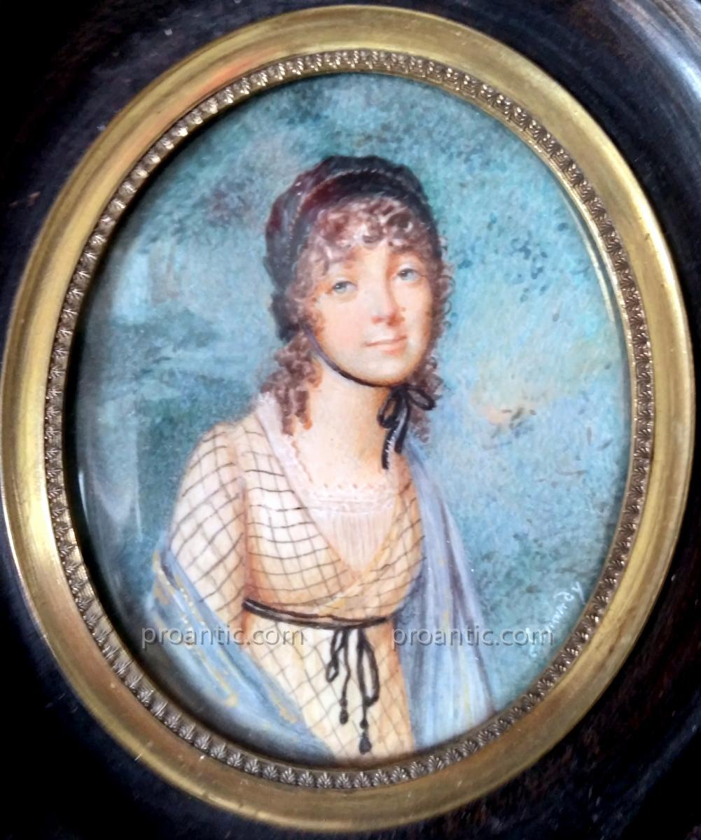 Miniature Portrait Jeune Fille XIXème Siècle. Signée