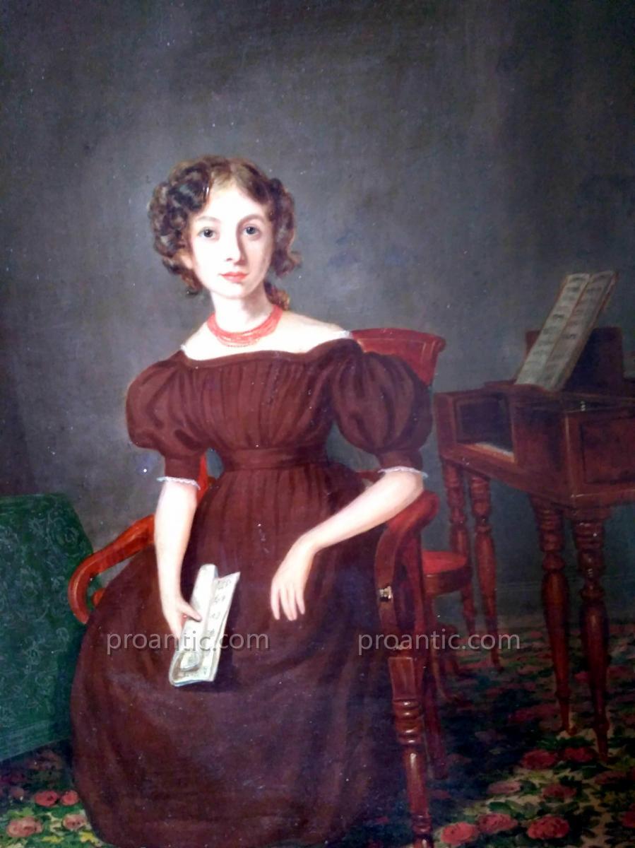 Portrait Young Musician At Clavencin Around 1830. Oil On Panel