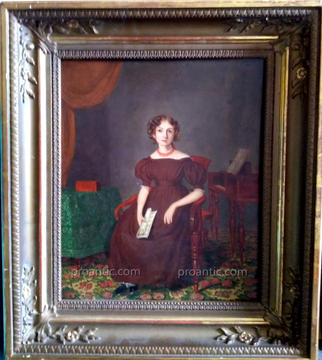 Portrait Young Musician At Clavencin Around 1830. Oil On Panel-photo-2