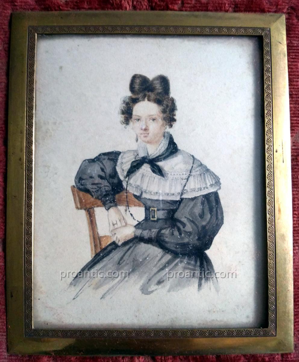 Petit Aquarelle Signèe "Vallet 1830". Femme Assise