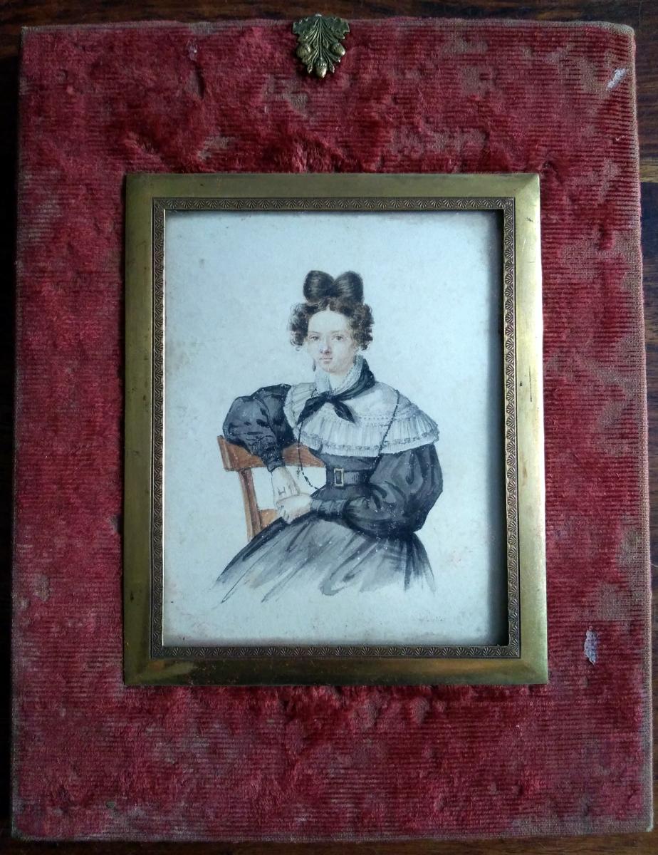 Petit Aquarelle Signèe "Vallet 1830". Femme Assise-photo-2