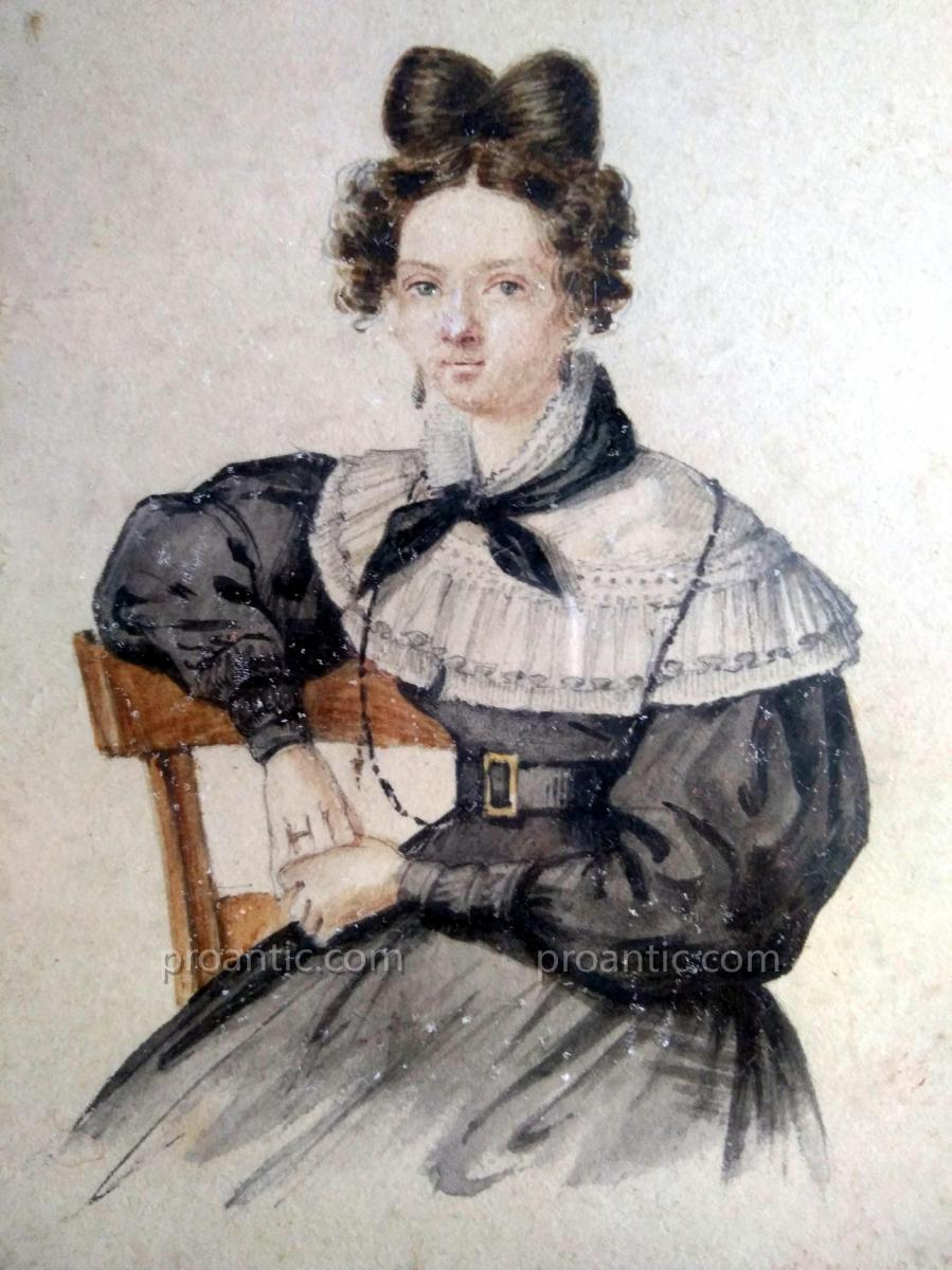 Petit Aquarelle Signèe "Vallet 1830". Femme Assise-photo-3