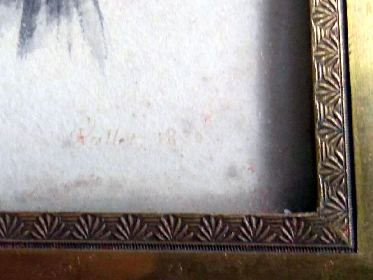 Petit Aquarelle Signèe "Vallet 1830". Femme Assise-photo-4