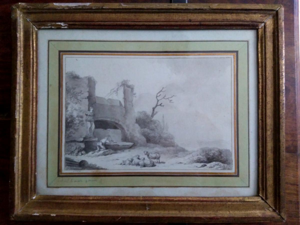 Eschard, Charles, 1748-1810. Lavis. Paysage aux moutons